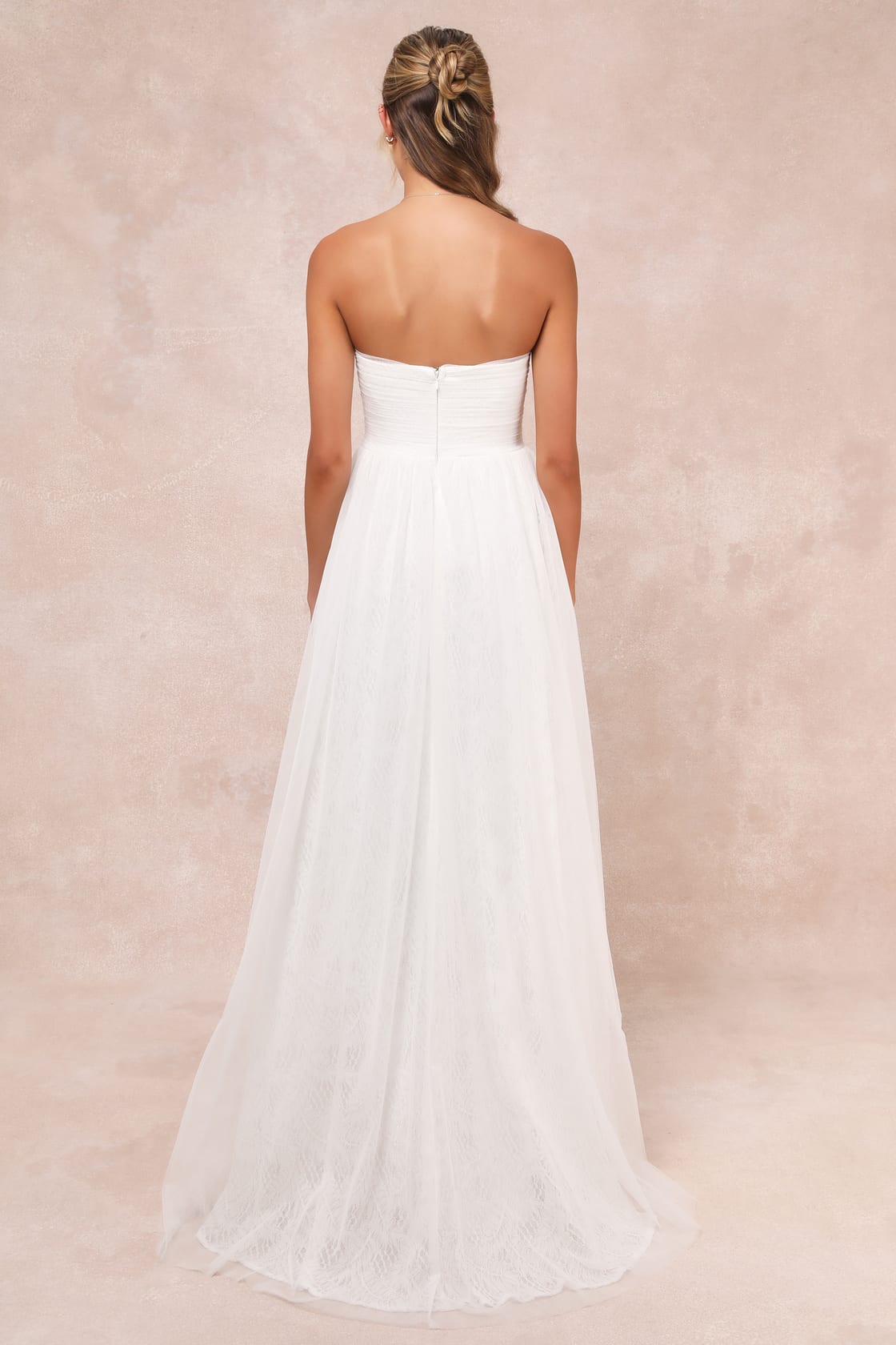 Blissful Forever White Tulle Lace Strapless Pleated Maxi Dress