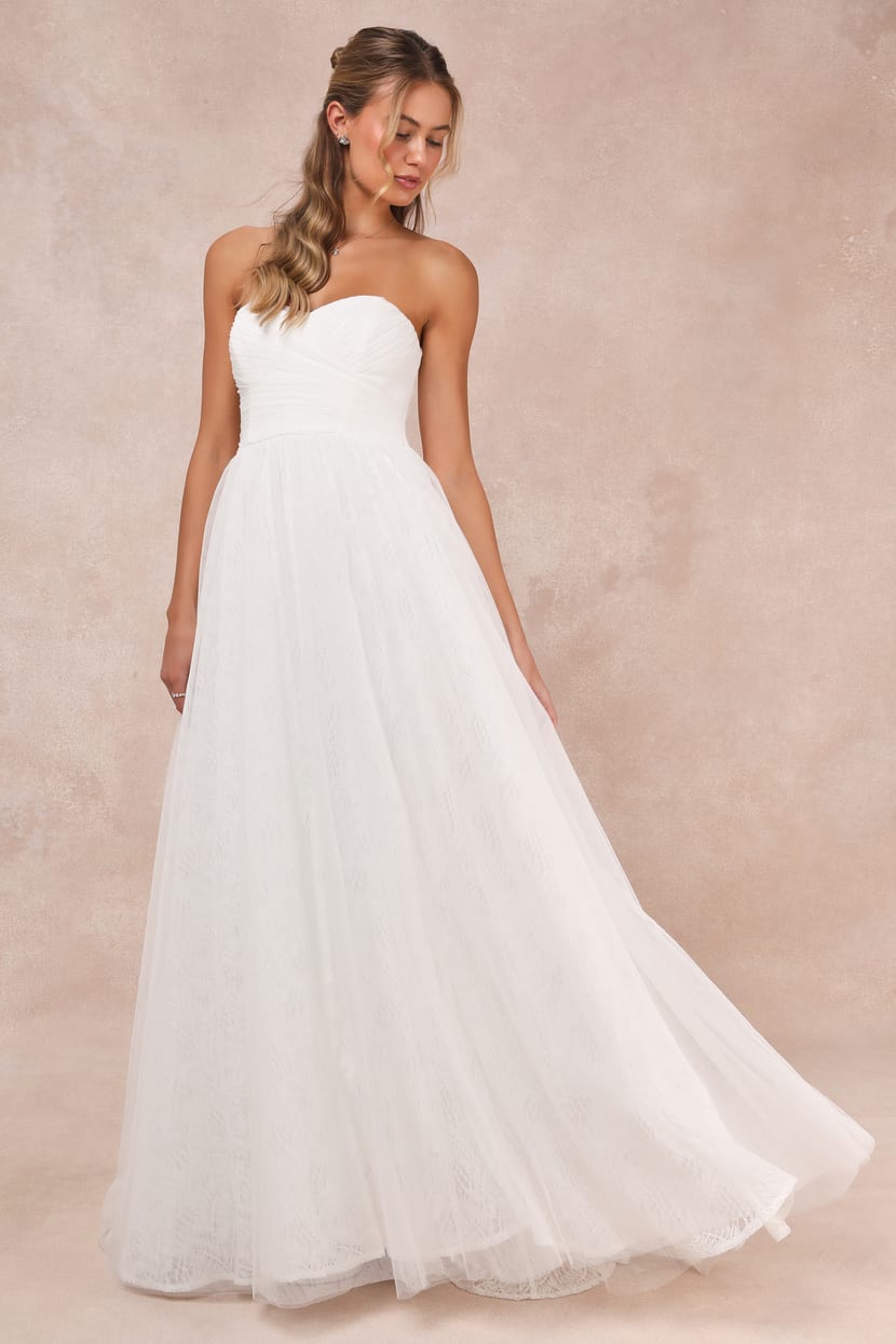 White Tulle Dress - Lace Strapless Gown - Pleated Maxi Dress - Lulus