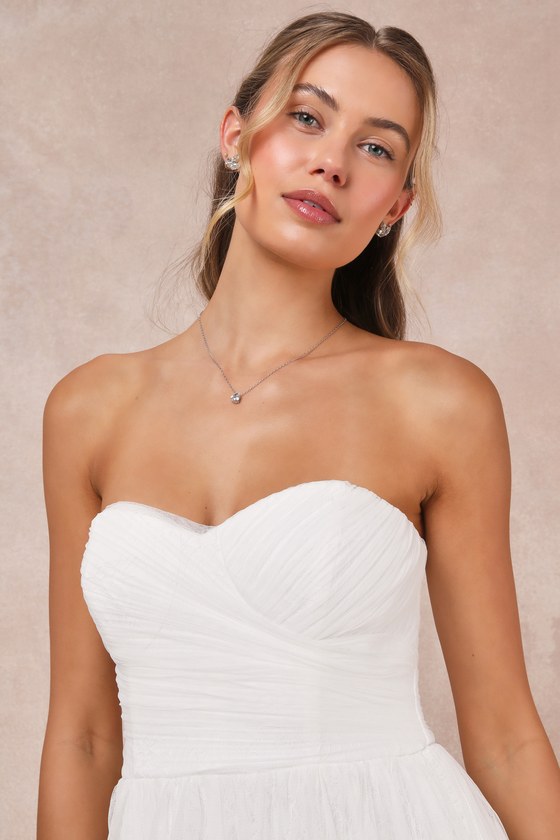 Lulus Blissful Forever White Tulle Lace Strapless Pleated Maxi Dress In White