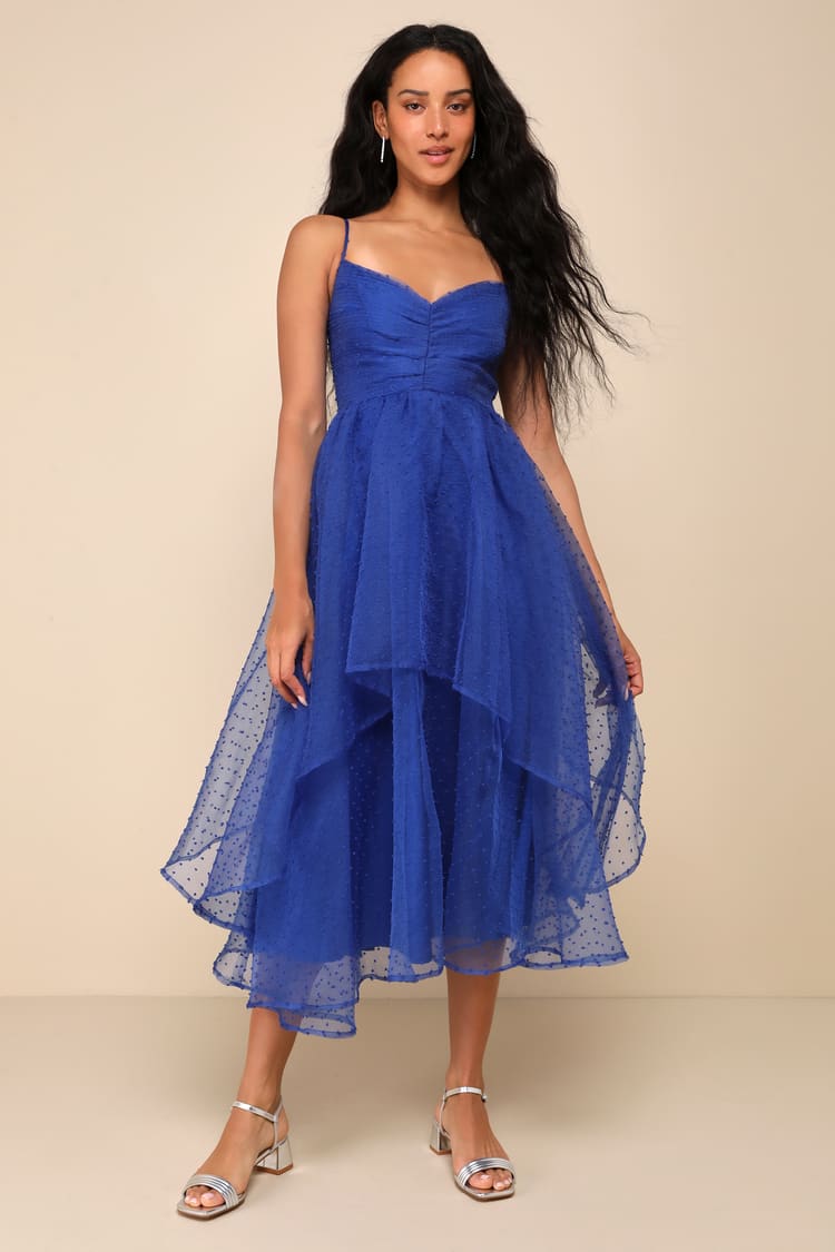 Cobalt Blue Swiss Dot Dress - Pleated Tiered Dress - Midi Dress