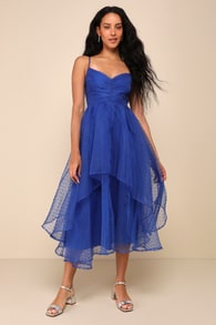 Favorite Event Cobalt Blue Swiss Dot Pleated Tiered Midi Dress