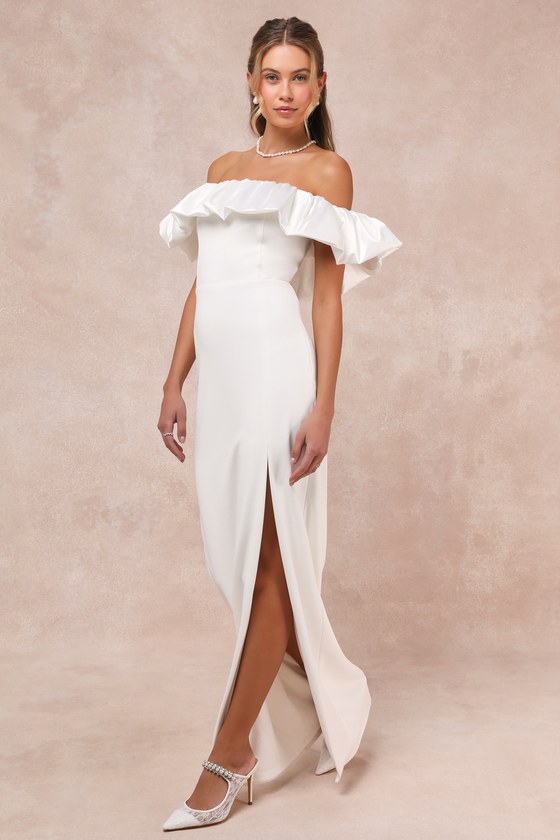 Lulus Sincerely Passionate White Ruffled Off-the-shoulder Maxi Dress In White