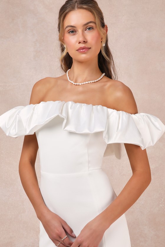 Lulus Sincerely Passionate White Ruffled Off-the-shoulder Maxi Dress In White