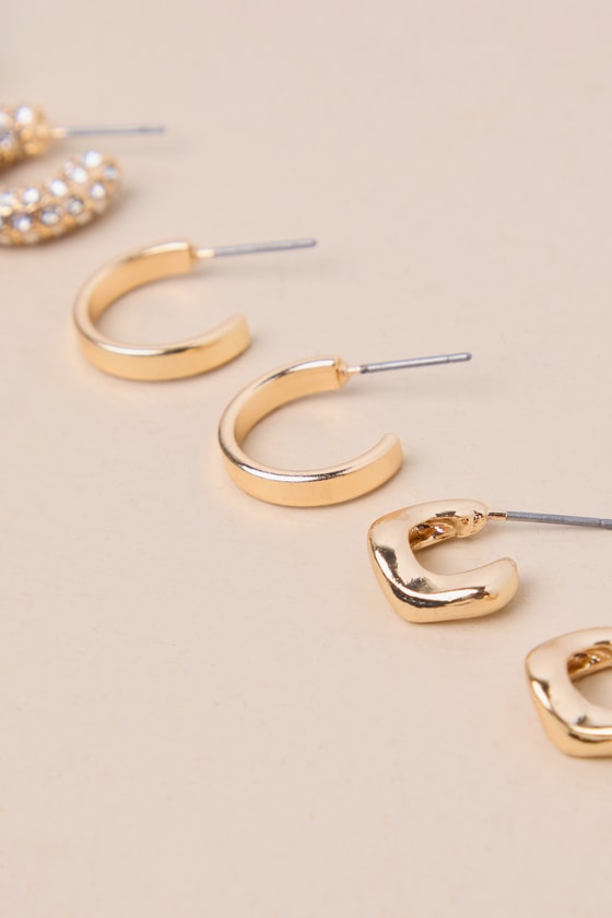 Lulus Stunning Collection Gold Rhinestone Hoop Earring Set In Gold