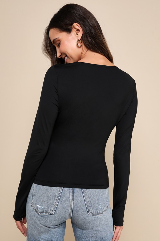 Black Jersey Knit Top - Black Long Sleeve Top - V-Neck Top - Lulus