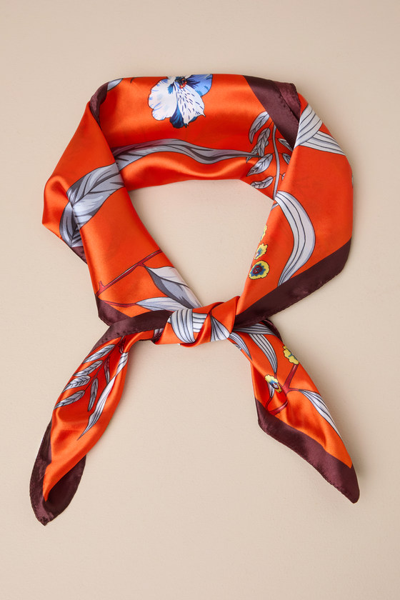 Orange Floral Print Scarf - Satin Square Scarf - Satin Scarf - Lulus