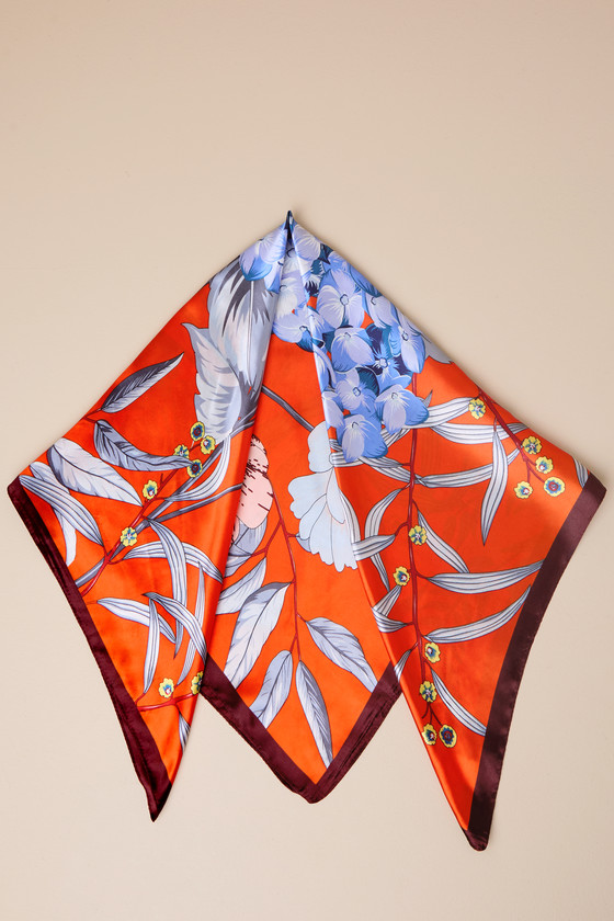 Orange Floral Print Scarf - Satin Square Scarf - Satin Scarf - Lulus