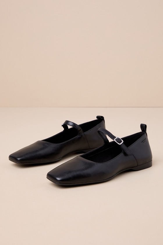 Delia Black Leather Buckle Ballet Flats 1