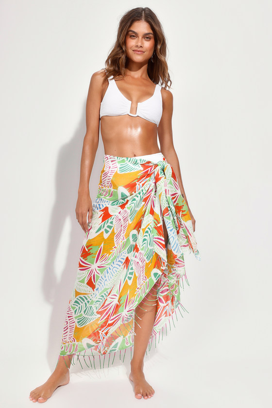 Lulus Beachy Charisma White Multi Print Fringe Sarong Swim Cover-up