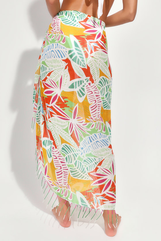 Lulus Beachy Charisma White Multi Print Fringe Sarong Swim Cover-up In White