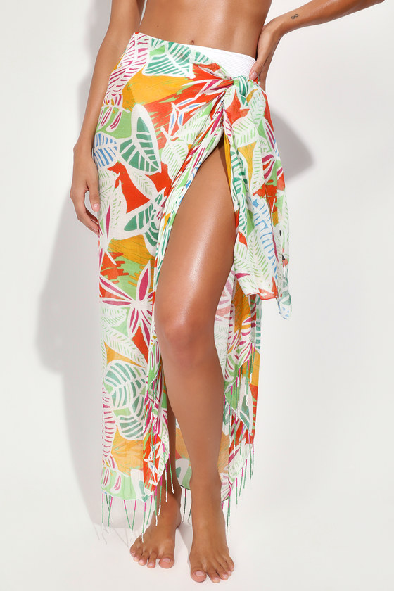 Beachy Charisma Multi Tropical Print Fringe Sarong Swim Cover-Up 4