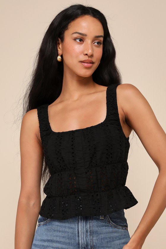 Black Eyelet Top - Embroidered Sleeveless Top - Elastic Tank Top - Lulus