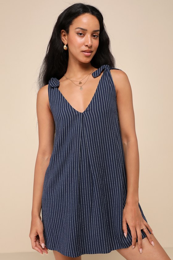 Lulus Spanish Summers Navy Striped Linen Tie-strap Shift Mini Dress