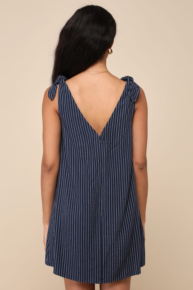 Navy Striped Dress - Linen Tie-Strap Dress - Shift Mini Dress - Lulus