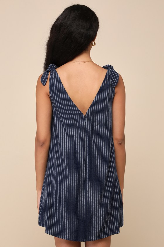 Spanish Summers Navy Striped Linen Tie-Strap Shift Mini Dress 2