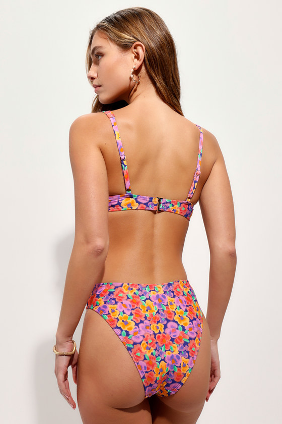 Lulus Sandy Inspiration Purple Floral High-cut Bikini Bottoms In Purple
