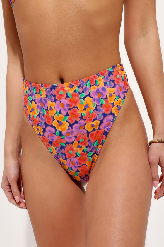 Shop Lulus Sandy Inspiration Purple Floral High-cut Bikini Bottoms