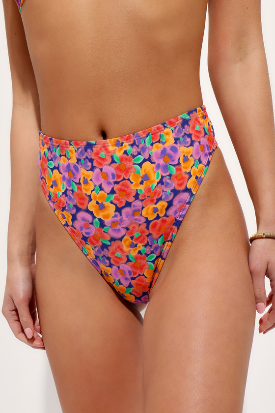 Lulus Sandy Inspiration Purple Floral High-cut Bikini Bottoms In Purple