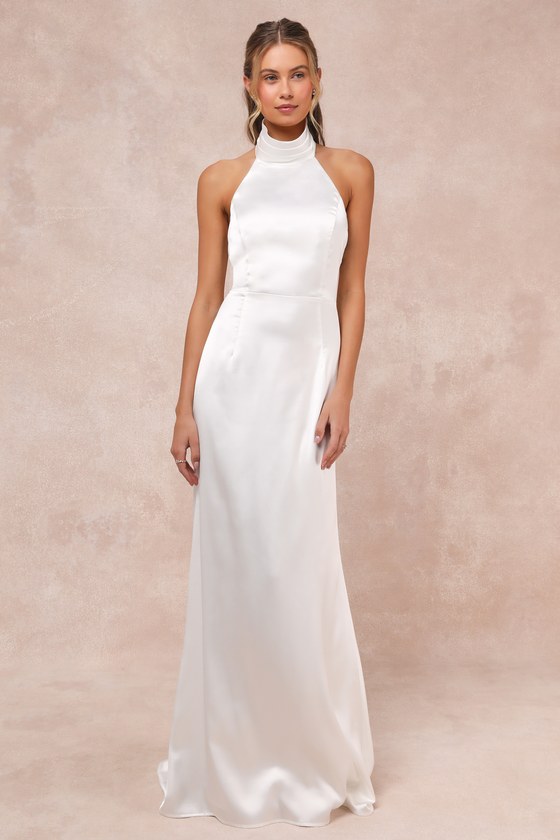 Luxe Destiny White Satin Backless Halter Mermaid Maxi Dress 2