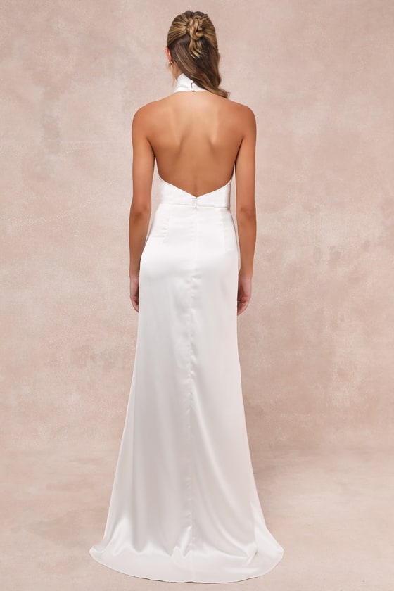 Luxe Destiny White Satin Backless Halter Mermaid Maxi Dress 3