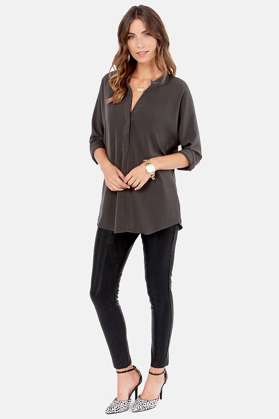 Cute Dark Grey Top - Long Sleeve Top - Grey Blouse - $38.00