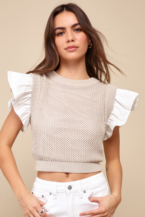 Shop En Saison Freya Light Taupe Ruffled Layered Mixed Media Sweater Top