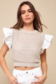 Freya Light Taupe Ruffled Layered Mixed Media Sweater Top