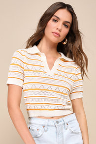 Sunny Lifestyle Cream Striped Pointelle Knit Collared Top
