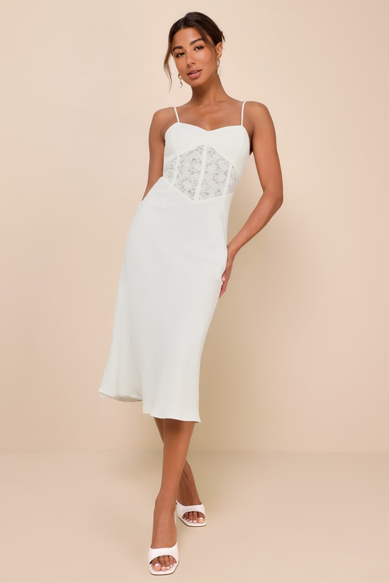 Lulus Muse Behavior White Lace Bustier Sleeveless Midi Dress In White