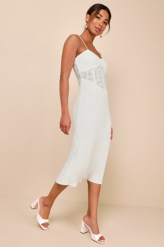 Lulus Muse Behavior White Lace Bustier Sleeveless Midi Dress In White
