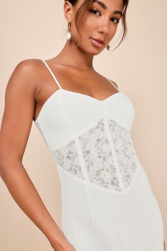 Lulus Muse Behavior White Lace Bustier Sleeveless Midi Dress In White