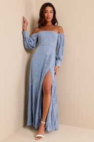 Feel the Romance Blue Embroidered Off-the-Shoulder Maxi Dress