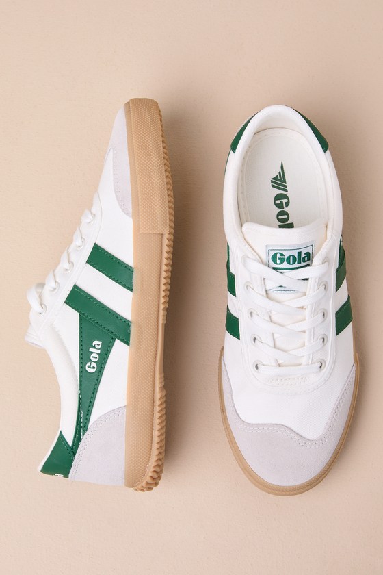 Shop Gola Badminton Off White And Green Gum Sole Suede Leather Sneakers