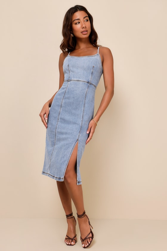 Gisele Light Wash Blue Denim Sleeveless Midi Dress 2