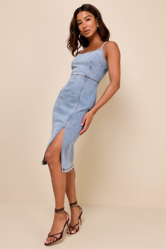 Gisele Light Wash Blue Denim Sleeveless Midi Dress 3