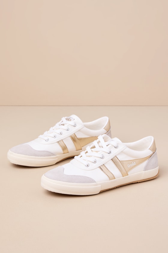 Gola Badminton Off White And Gold Color Block Suede Leather Sneakers