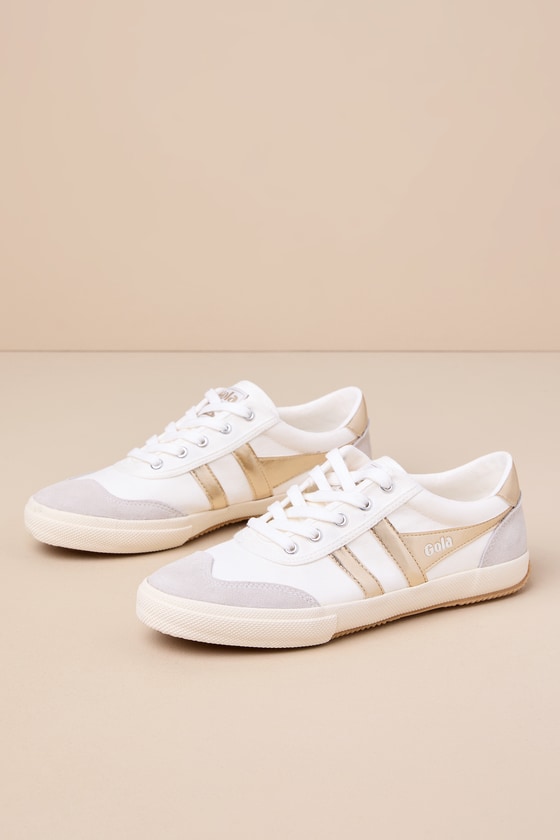 Badminton Off White and Gold Color Block Suede Leather Sneakers 1