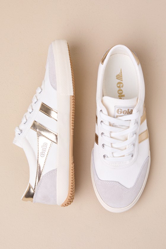 Shop Gola Badminton Off White And Gold Color Block Suede Leather Sneakers