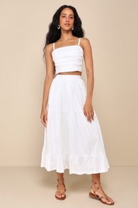 Daytime Perfection White Cotton Tiered Midi Skirt