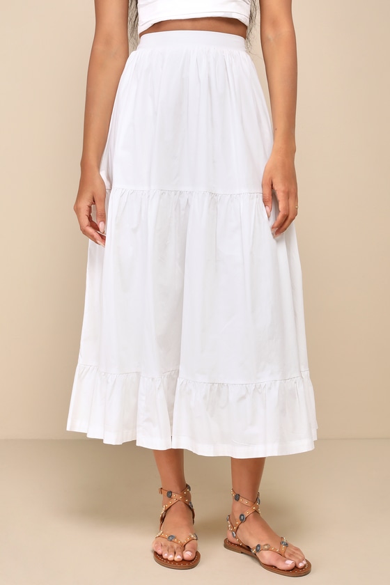 Daytime Perfection White Cotton Tiered Midi Skirt 2