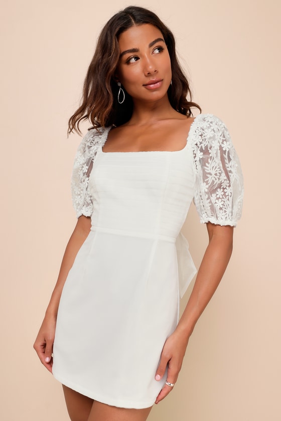 LULUS CHARMING POTENTIAL WHITE ORGANZA BACKLESS PUFF SLEEVE MINI DRESS