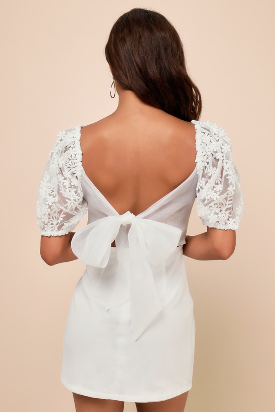LULUS CHARMING POTENTIAL WHITE ORGANZA BACKLESS PUFF SLEEVE MINI DRESS