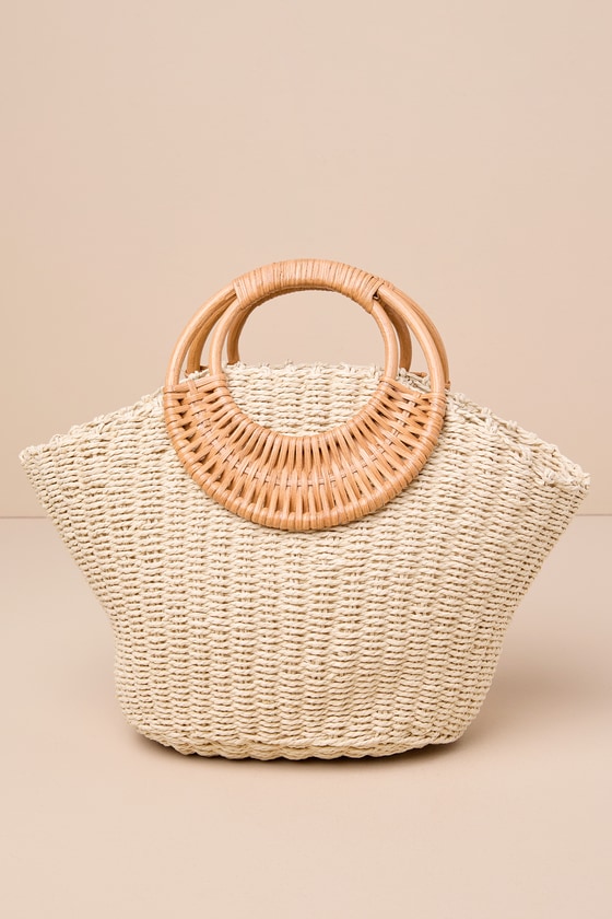Beachy Ideal Beige Woven Straw Circle Handle Bag 4