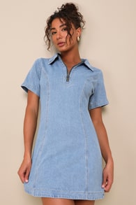 Totally Cool Light Wash Denim Zip-Front Short Sleeve Mini Dress