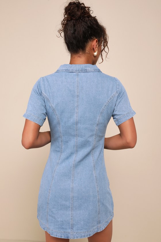 Shop Lulus Totally Cool Light Wash Denim Zip-front Short Sleeve Mini Dress In Blue