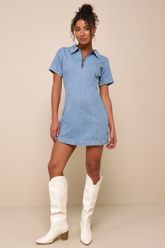 Shop Lulus Totally Cool Light Wash Denim Zip-front Short Sleeve Mini Dress In Blue