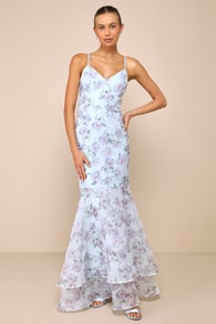 Pure Splendor Light Blue Floral Organza Trumpet Maxi Dress