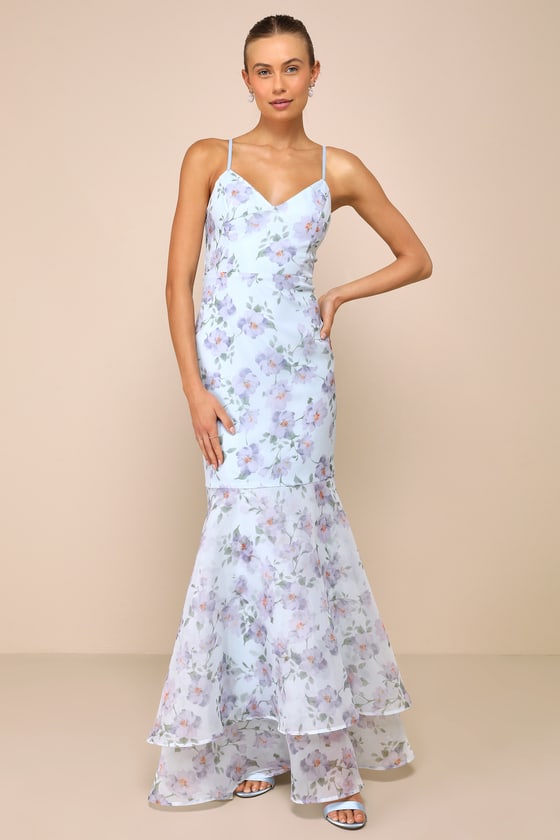 Pure Splendor Light Blue Floral Organza Trumpet Maxi Dress 1