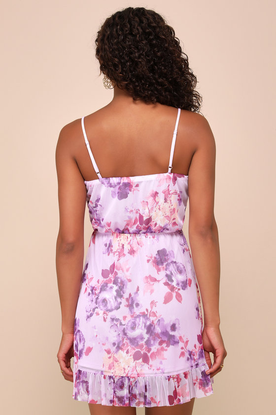 Shop Lulus Darling Nature Lilac Floral Mesh Sleeveless Ruffled Mini Dress