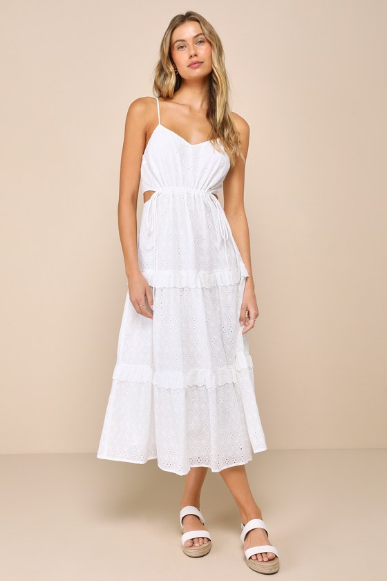 Shop Lulus Summertime Babe White Eyelet Embroidered Cutout Midi Dress